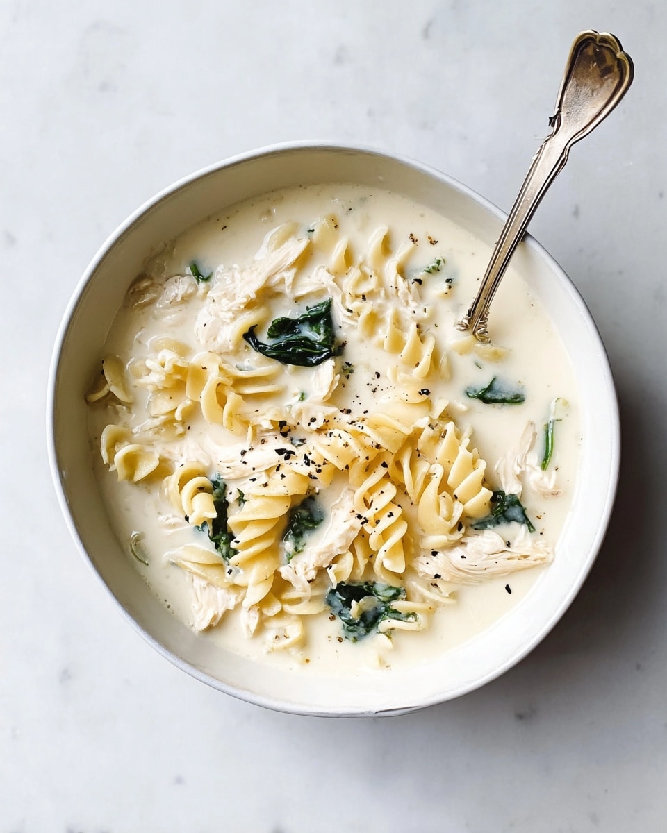 A white bowl filled with creamy white soup containing wavy, pale yellow pasta pieces, visible soft white chicken slices, and scattered dark green spinach leaves, all mixed into a smooth, thick broth with small black specks of seasoning; a silver spoon resting inside the bowl with its handle leaning on the edge. The bowl is placed on a white marbled surface. photo taken with an iphone --ar 4:5 --v 7