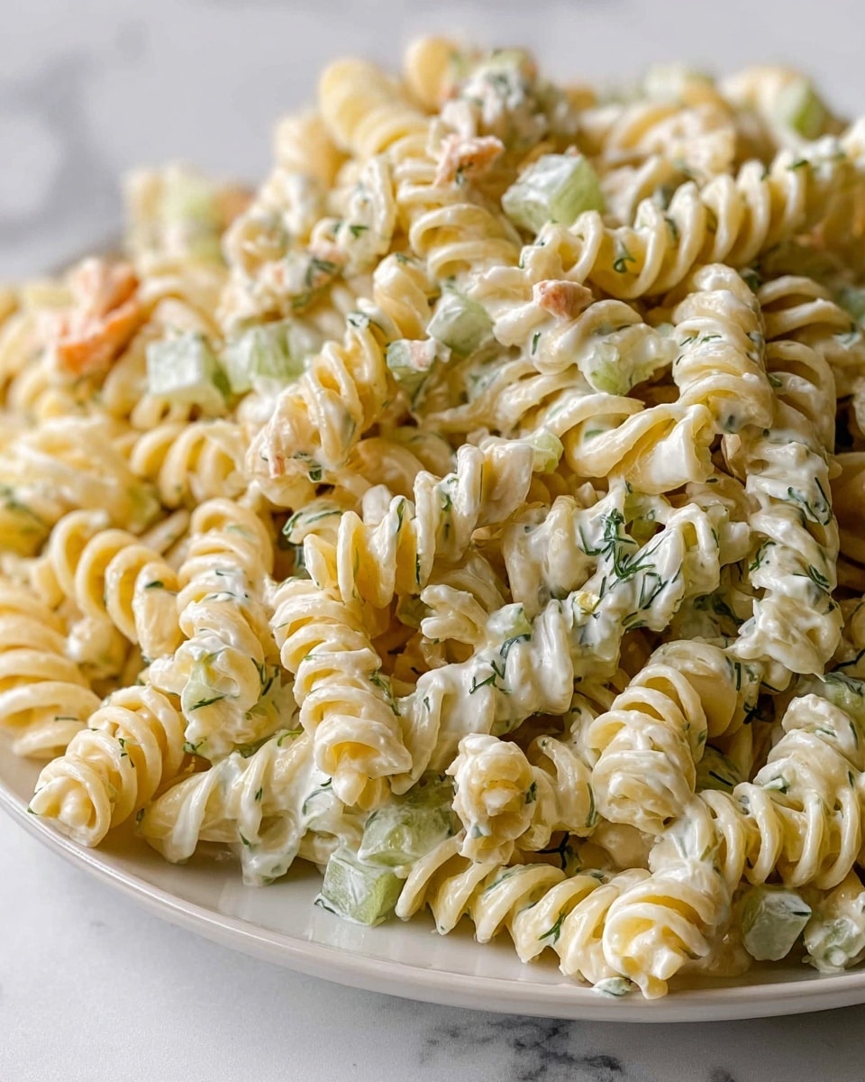 This image shows a close-up view of a plate filled with rotini pasta salad. The pasta spirals are pale yellow and coated evenly with a creamy white dressing. Scattered throughout the salad are small pieces of light green celery and translucent white onion bits, adding texture and slight color contrast. There are also tiny bits of fresh green dill herbs mixed in and some light orange chunks that appear to be cheese or smoked seafood. The food is on a white plate placed on a surface with a white marbled texture. photo taken with an iphone --ar 4:5 --v 7
