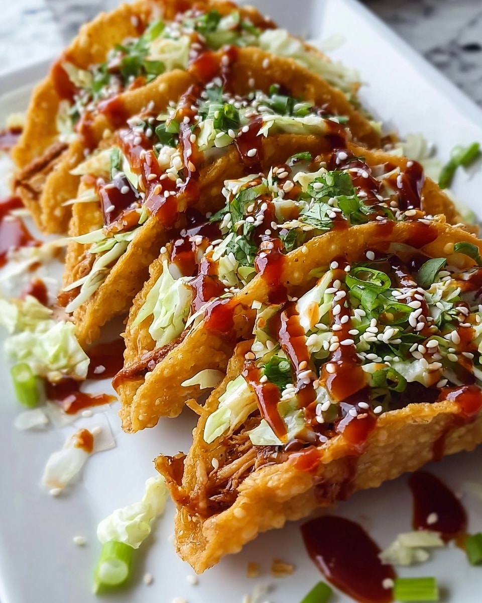 Four fried golden brown taco shells arranged in a row on a white plate, each taco filled with shredded pale green cabbage, fresh green herbs, and dark shredded meat. The tacos are drizzled with a shiny dark red sauce and sprinkled with small white sesame seeds. Some chopped green onions and cabbage pieces lie under and around the tacos on the plate. The surface under the plate is white with a marbled texture. Photo taken with an iphone --ar 4:5 --v 7