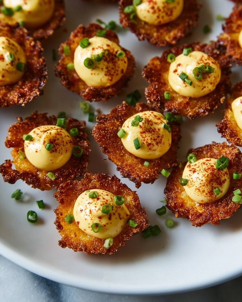 The image shows small, round, crispy golden brown bites with rough, crunchy edges arranged closely on a white plate. Each bite has a thick dollop of creamy, pale yellow sauce piped on top, sprinkled with fine red seasoning and small green chive pieces. The warm colors of the bites contrast with the smooth white plate and the white marbled texture underneath adds subtle elegance to the scene. photo taken with an iphone --ar 4:5 --v 7