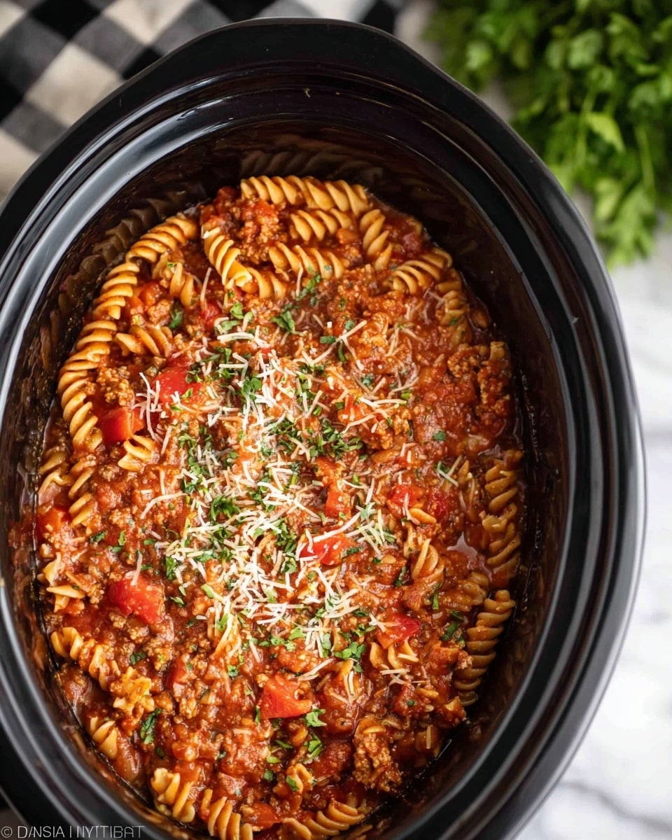 A close-up view of a black slow cooker filled with a dish of rotini pasta mixed with a rich red tomato sauce, ground meat, and small red bell pepper pieces, all evenly coated in the sauce. The pasta dish is sprinkled lightly with grated parmesan cheese and finely chopped green herbs on top, adding texture and contrast. The slow cooker is placed on a white marbled surface, with some greenery and a black and white checkered napkin visible in the background. photo taken with an iphone --ar 4:5 --v 7