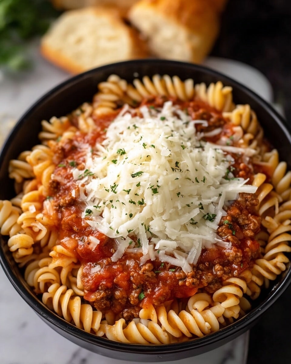 The image shows a black bowl filled with three visible layers: the bottom layer is a bed of tightly coiled rotini pasta in a light orange color, the middle layer is a chunky red tomato sauce mixed with minced brown ground meat and small tomato pieces, and the top layer is a generous mound of white shredded and whipped cheese sprinkled with small green herb bits. The bowl sits on a white marbled surface with some blurred bread and green garnish in the background behind it. Photo taken with an iphone --ar 4:5 --v 7