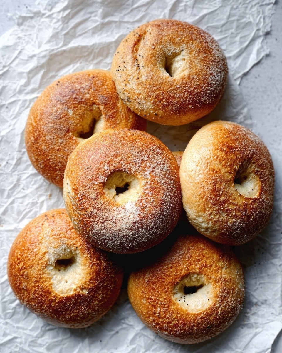 The image shows six golden brown bagels with a slightly shiny crust, arranged on crumpled white parchment paper over a white marbled surface. Each bagel has a rough texture with small cracks and a clear hole in the center, some showing a light dusting of flour. The bagels are positioned close to each other, creating a cozy and fresh look. Photo taken with an iphone --ar 4:5 --v 7