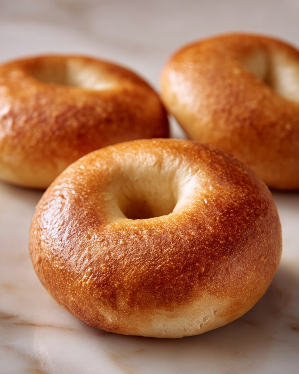 Three golden brown bagels with a shiny, slightly crispy crust are placed on a white marbled wooden surface. The bagels have a smooth, textured top with light browning, and a soft doughy center hole. They are arranged in a triangular shape, with one bagel closer and more in focus in the foreground, while the other two are slightly blurred in the background. The photo captures the warm, fresh look of the bagels with soft natural lighting. photo taken with an iphone --ar 4:5 --v 7