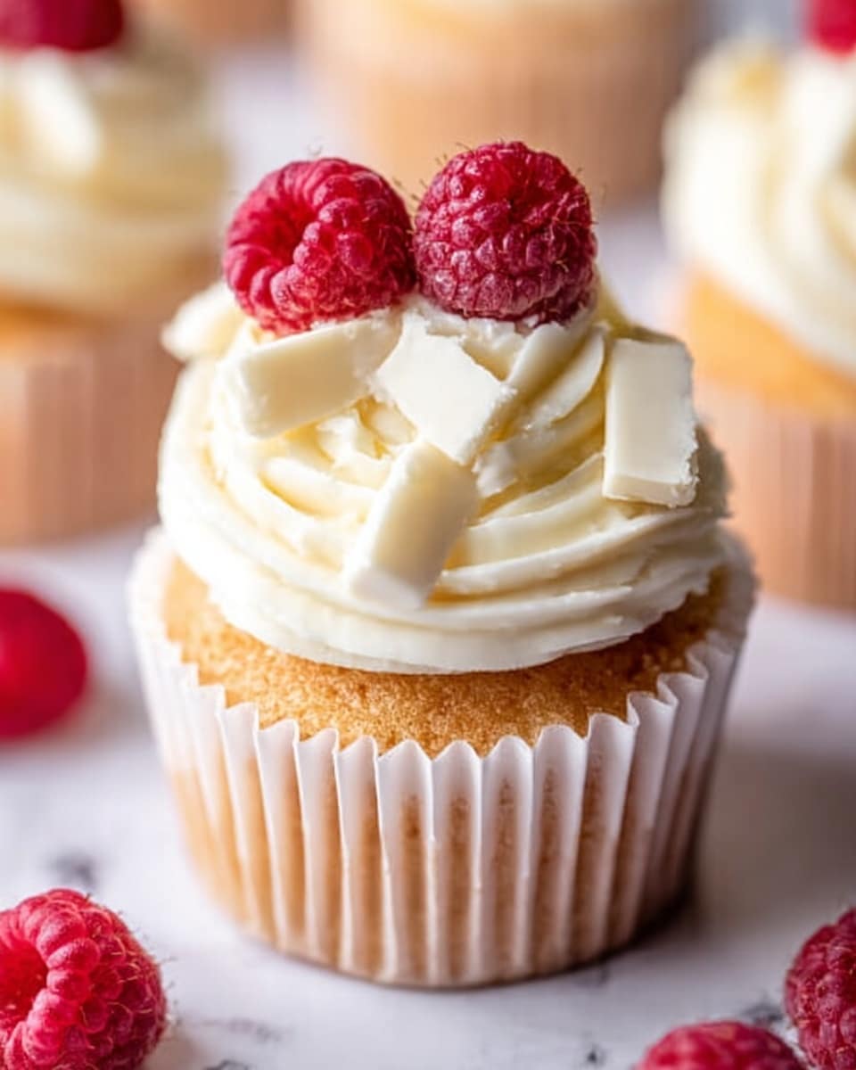 The image shows a close-up of a single cupcake on a white marbled surface. The cupcake has one bottom layer of light golden brown cake wrapped in a white paper liner. On top, there is a thick swirl of smooth white cream frosting with a slightly glossy texture. The frosting is decorated with two fresh bright red raspberries and a few small pieces of white chocolate curls placed in the center. In the background, there are blurred images of more cupcakes and raspberries, also on the white marbled surface. Photo taken with an iphone --ar 4:5 --v 7
