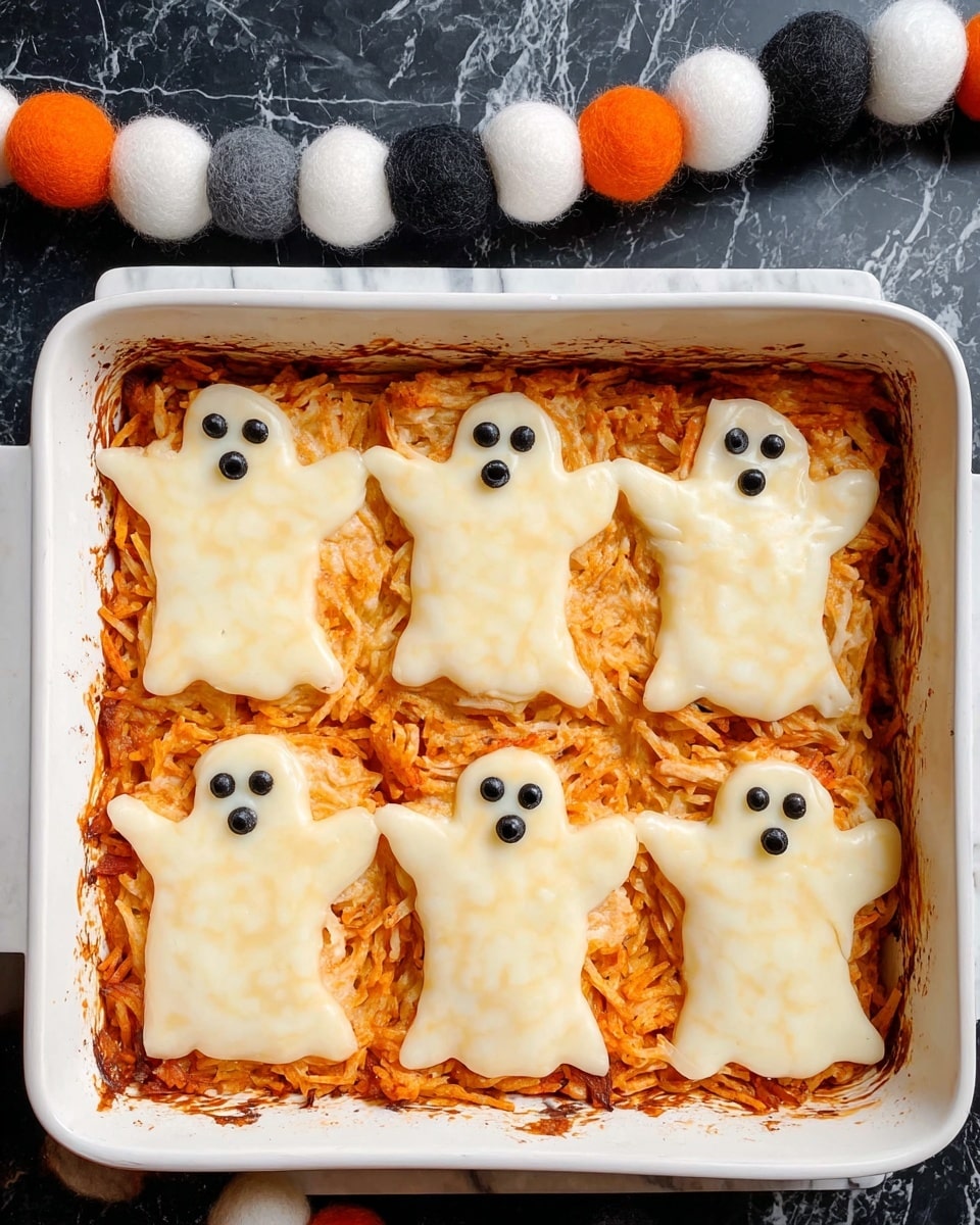 A white rectangular baking dish filled with a shredded orange-colored chicken mixture as the base layer, topped with eight ghost-shaped slices of melted pale cheese arranged in two rows of four. Each cheese ghost has two small black olive pieces for eyes, giving a cute and spooky look. The edges of the dish show some sauce residue, and the entire dish is placed on a dark surface with a white marbled texture underneath. A decorative string of felt balls in black, white, gray, and orange colors is visible at the top. photo taken with an iphone --ar 4:5 --v 7
