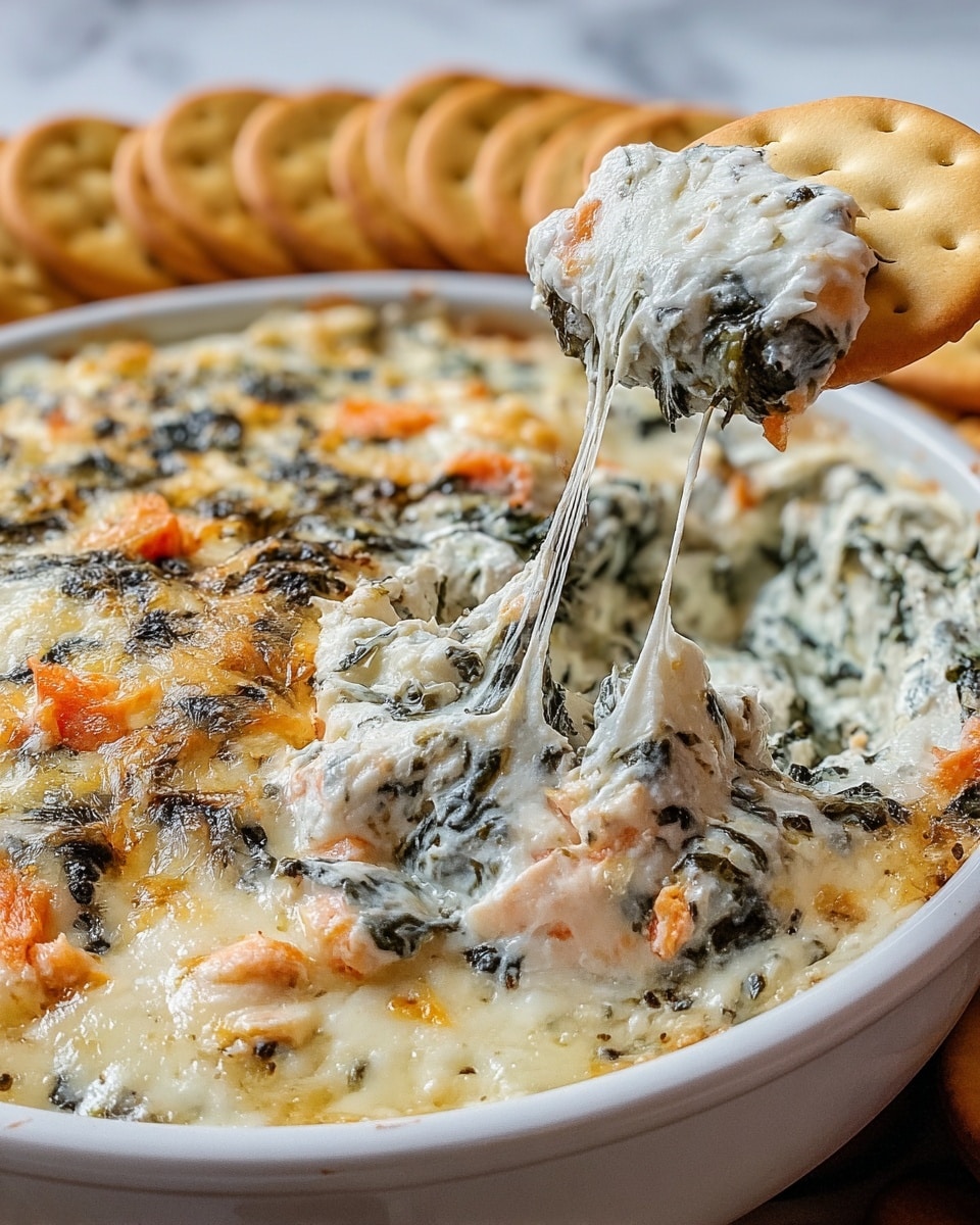 A white bowl filled with a creamy dip that has three main visual layers: a melted white cheese base with a slightly browned, bubbly edge, mixed with dark green leafy bits evenly spread throughout, and bright orange chunks scattered on top. A white cracker is dipping into the creamy mix, lifting some of the gooey texture with cheese strings stretching between the bowl and the cracker. Behind the bowl, more white crackers are stacked, and the entire scene rests on a white marbled surface. Photo taken with an iphone --ar 4:5 --v 7