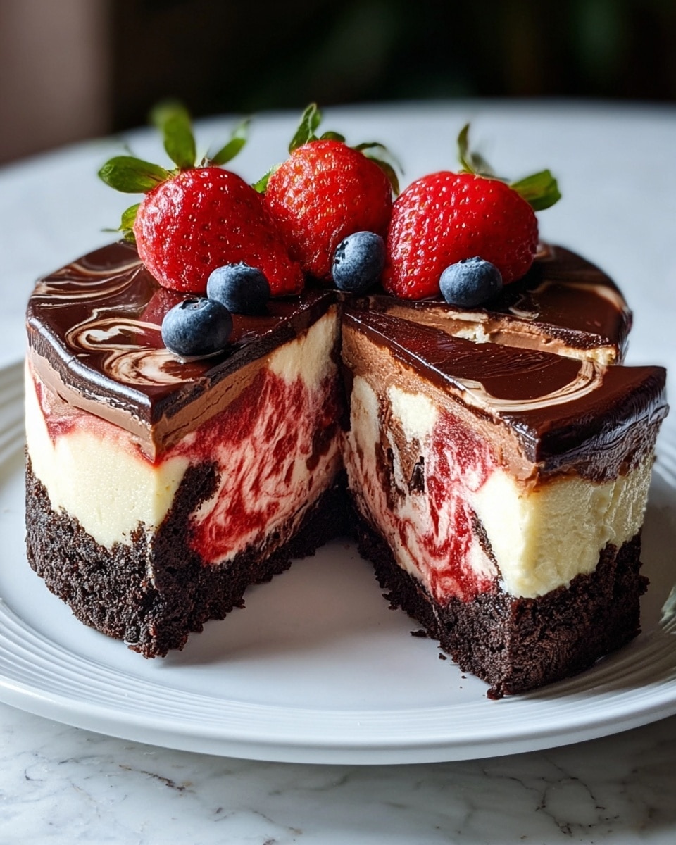 A round three-layer cake on a white plate with a dark crumbly crust as the bottom layer, a thick middle layer of creamy white and red swirled with dark chocolate, and a glossy dark chocolate top layer with red swirls. The cake is decorated with whole and halved strawberries and small blueberries on top. The inside shows a marbled mix of white, red, and dark chocolate textures. The setting has a soft light and a white marbled textured surface. Photo taken with an iphone --ar 4:5 --v 7