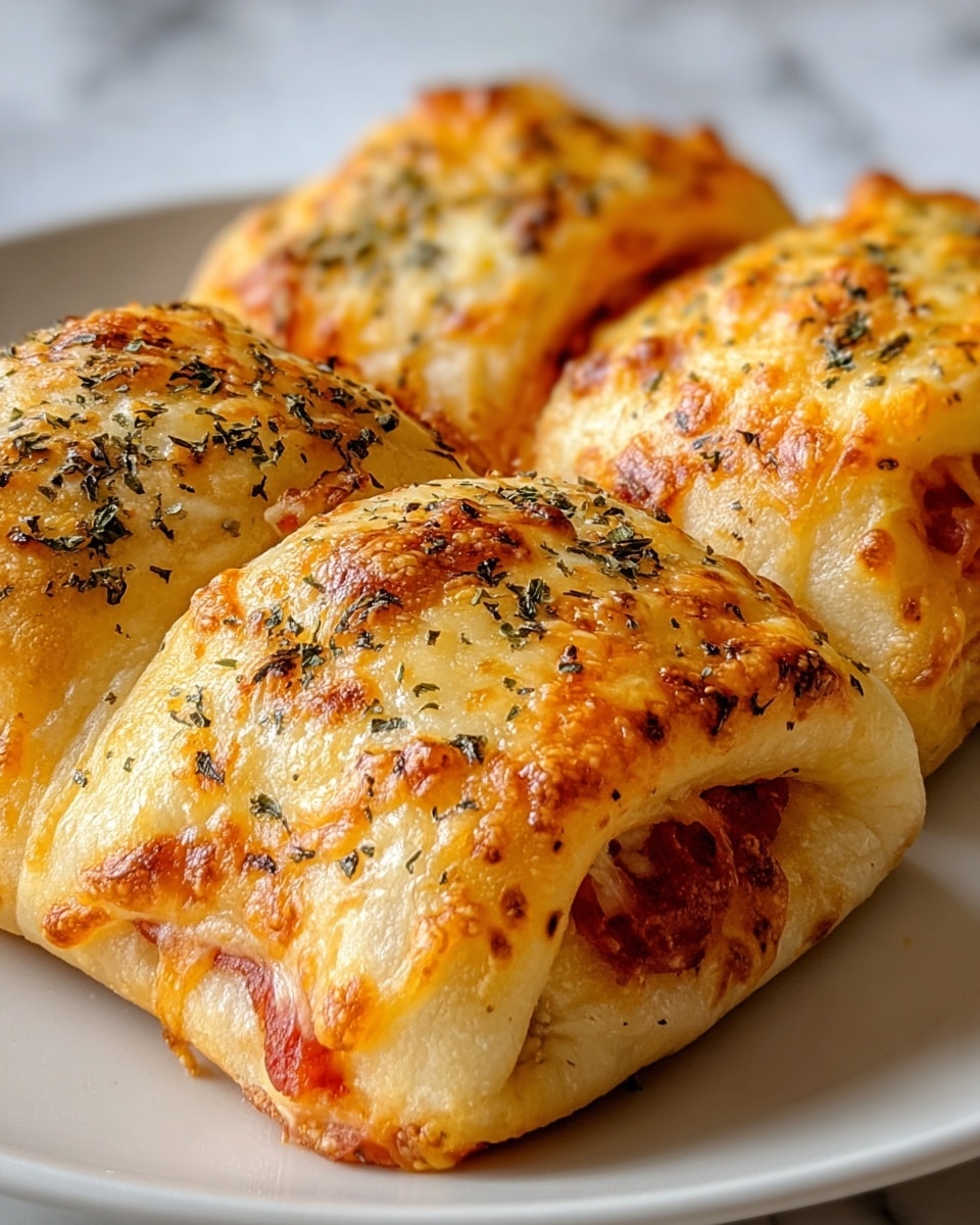 Three golden brown pizza rolls lay closely together on a white plate, each roll wrapped in a flaky crust showing slight puffiness with melted cheese bubbling on top. The top layer is a mix of light golden and darker toasted spots with a sprinkling of dried herbs adding a touch of green and black. Through small openings at the edges, melted cheese and rich red tomato sauce peek out, contrasting with the warm beige dough. The background is a white marbled texture, enhancing the warm tones of the rolls. Photo taken with an iphone --ar 4:5 --v 7
