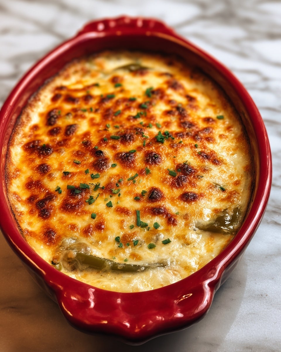 This image shows a baked dish in a red oval ceramic baking dish. The top layer is melted golden brown cheese with some darker spots from baking, and sprinkled with small green herbs. Beneath the cheese, there are visible slices of green peppers peeking out. The dish looks creamy and cheesy with a slightly bubbly texture on top. The ceramic dish is placed on a white marbled surface. Photo taken with an iphone --ar 4:5 --v 7