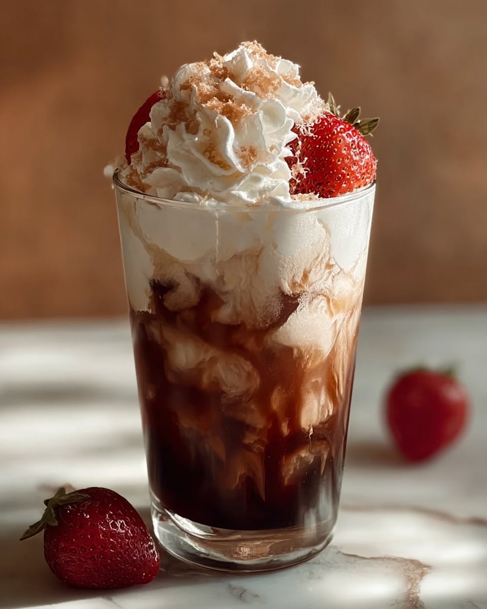 A clear tall glass filled with a dark brown drink at the bottom, with white milk swirling through the middle layer, creating a cloudy mix of brown and white. On top, there is a large, fluffy swirl of white whipped cream decorated with light brown crumbles and two red strawberries sitting against the cream. The glass is placed on a white marbled surface, with a soft, warm background slightly out of focus. photo taken with an iphone --ar 4:5 --v 7