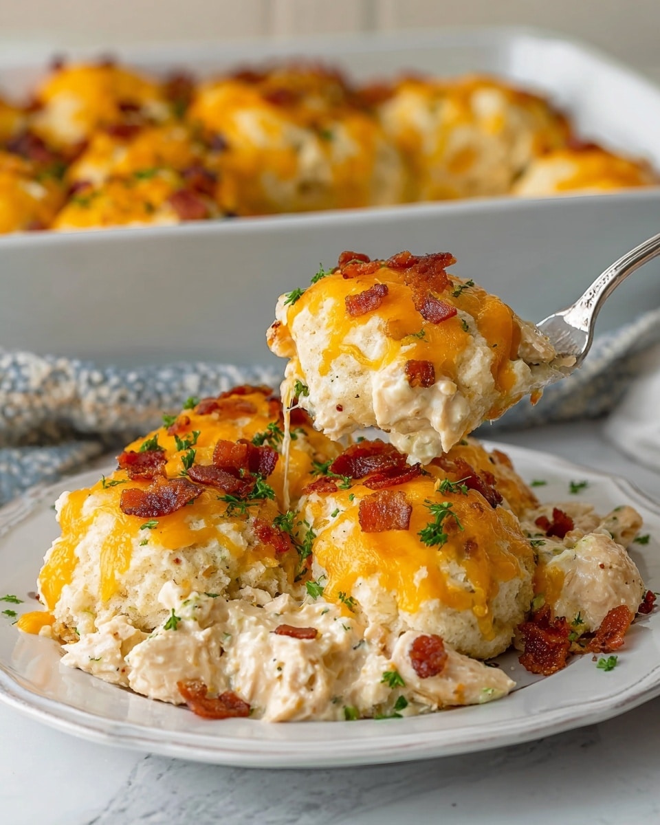 The dish is a creamy baked casserole served on a white plate, placed on a white marbled surface. It has three distinct layers: the bottom layer is a creamy mixture with visible chunks of cooked chicken in light beige color, the middle layer consists of soft, fluffy biscuits or dough balls lightly browned and stacked irregularly, and the top layer is melted bright orange cheddar cheese sprinkled with crispy reddish-brown bacon bits and small green parsley flakes scattered on top. A silver fork lifting a portion of the casserole shows the cheese stretching between the piece and the plate, highlighting the gooey texture. In the background, a white baking dish filled with more of the same casserole is partially out of focus. Photo taken with an iphone --ar 4:5 --v 7
