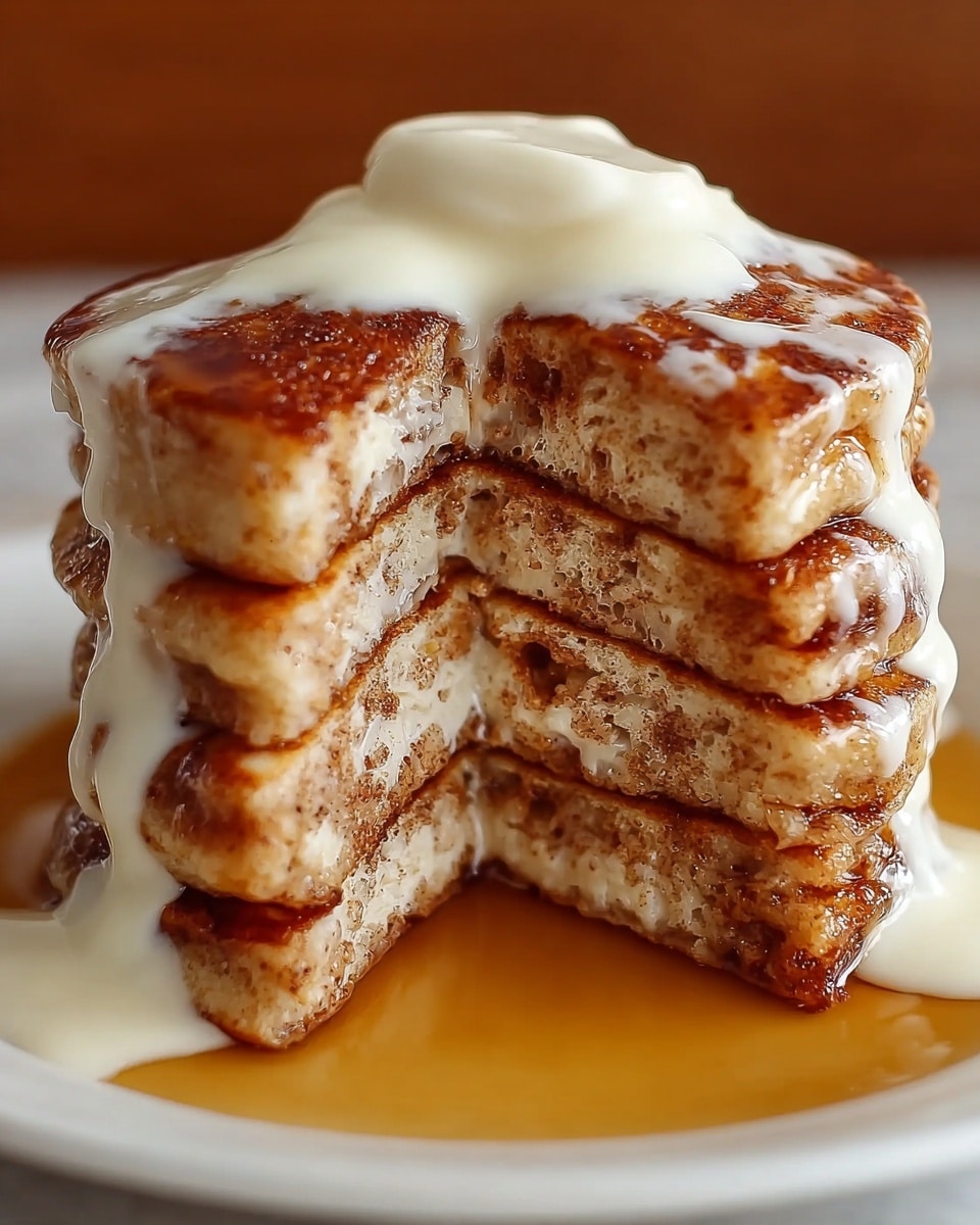 A stack of four thick, fluffy pancakes with a golden brown top layer showing a slightly crispy texture. The middle layers reveal a soft, light beige interior with specks of cinnamon swirled through, giving a marbled effect inside. Warm, creamy white icing drips between the layers and pools slightly at the base on a white plate. A dollop of smooth, white cream sits on top, adding a creamy contrast to the golden brown surface. The entire stack is surrounded by a thin layer of amber syrup that glistens on the white marbled surface beneath. Photo taken with an iphone --ar 4:5 --v 7