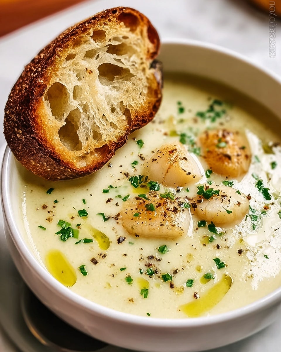 A close-up view of a white bowl filled with creamy pale yellow soup, topped with a few pieces of cooked scallops that have a slight golden brown sear. The soup surface is sprinkled with finely chopped green herbs and cracked black pepper, with small pools of olive oil glistening. Resting on the side of the bowl is a toasted piece of bread with a crusty, golden-brown texture and visible air holes. The bowl is placed on a white marbled surface, creating a clean and simple background. photo taken with an iphone --ar 4:5 --v 7