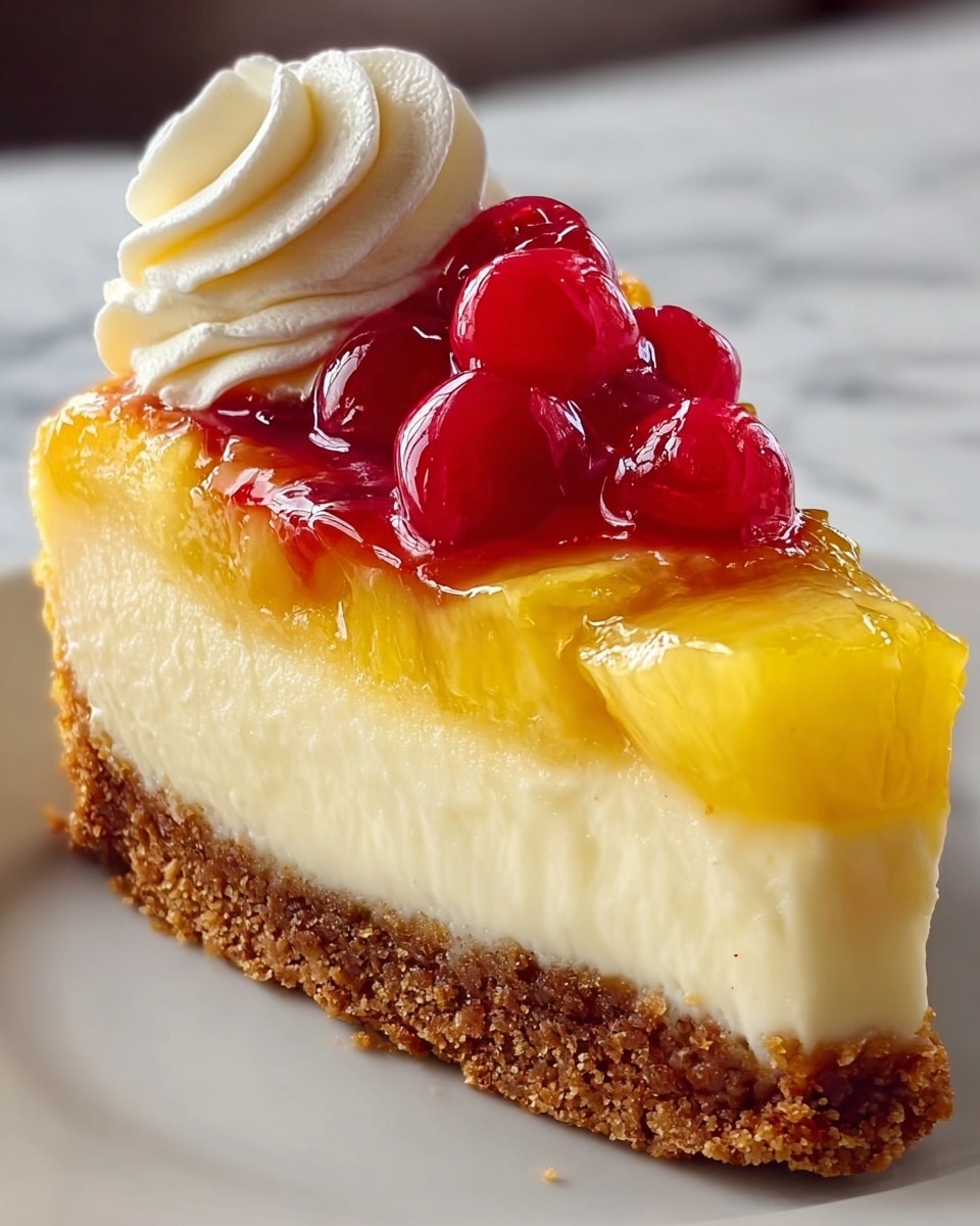 A slice of cheesecake with four visible layers sits on a white plate on a white marbled texture. The bottom layer is a thick, crumbly brown crust. Above it is a thick creamy off-white cheesecake layer with a smooth texture. Next, there is a glossy yellow jelly layer with thin pineapple slices embedded inside. On top of this is a cluster of shiny red cherries. A swirl of white whipped cream is placed on the side, adding a soft and airy finish. Photo taken with an iphone --ar 4:5 --v 7