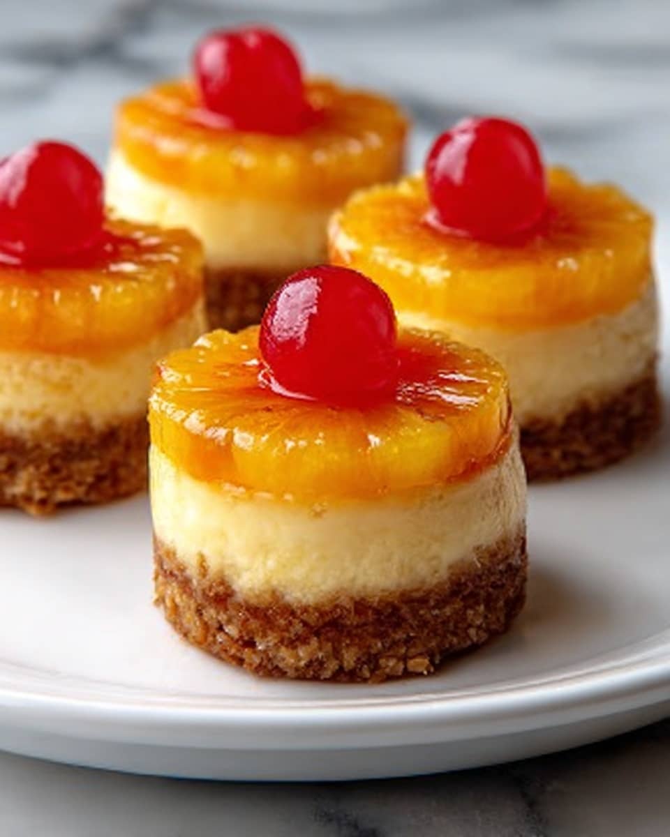 The image shows four small round cakes on a white plate placed on a white marbled surface. Each cake has three layers: a bottom crumbly brown crust, a middle thick creamy yellow cheesecake layer, and a top shiny orange-yellow caramelized fruit layer. Each cake is topped with one bright red cherry in the center. The cakes look smooth and glossy, with the caramelized fruit layer reflecting light. Photo taken with an iphone --ar 4:5 --v 7