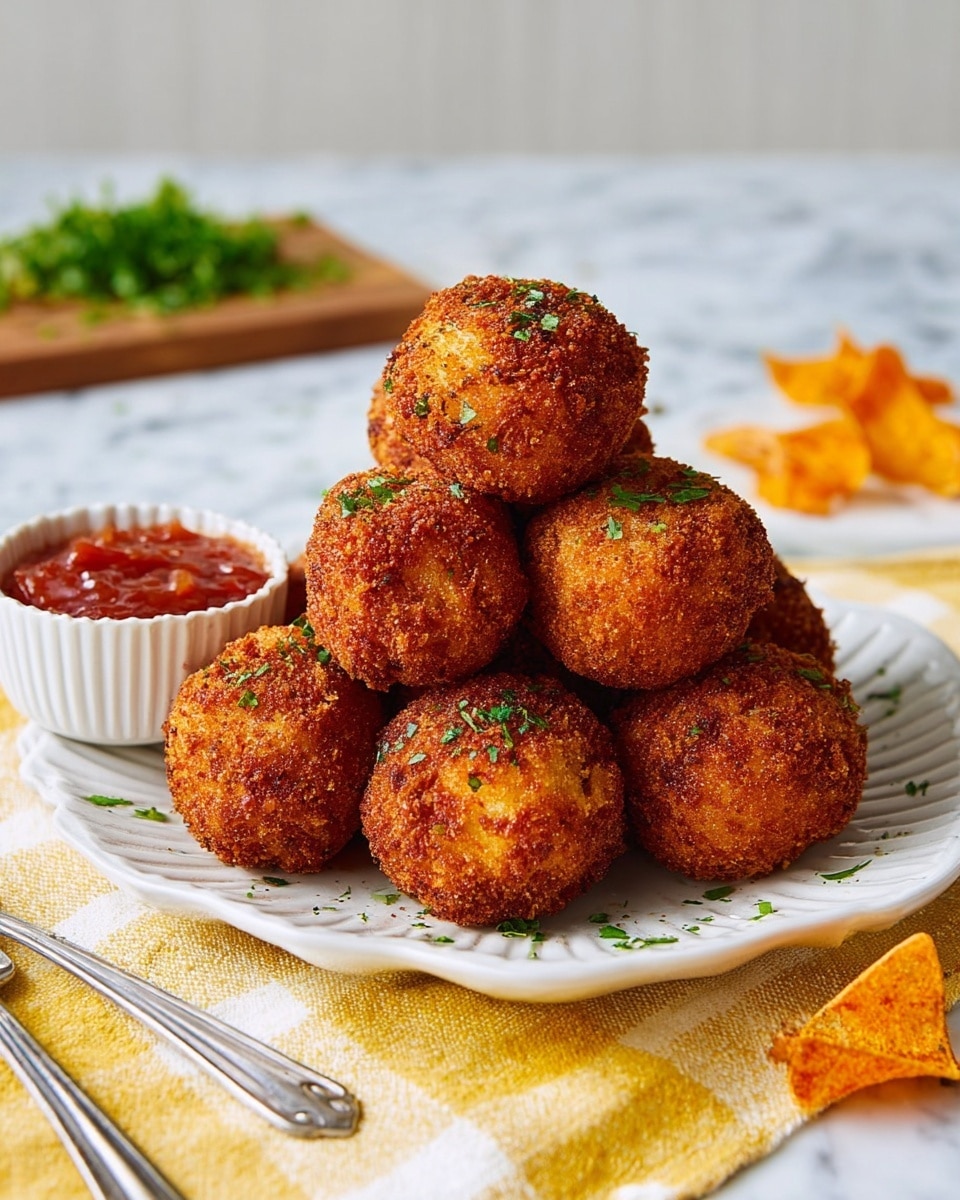 A white scalloped plate holds a pyramid stack of nine crispy, golden-brown croquettes, each lightly sprinkled with small green herb pieces. The croquettes have a rough, crunchy texture and vary slightly in shape, some more round and others a bit flatter. The plate sits on white marbled surface with a yellow and white checkered cloth nearby holding a silver fork and knife. In the foreground, there are a few orange chip-like pieces scattered near a small white scalloped bowl filled with chunky red dipping sauce. In the background, out of focus, is a wooden board with green herbs on it. Photo taken with an iphone --ar 4:5 --v 7