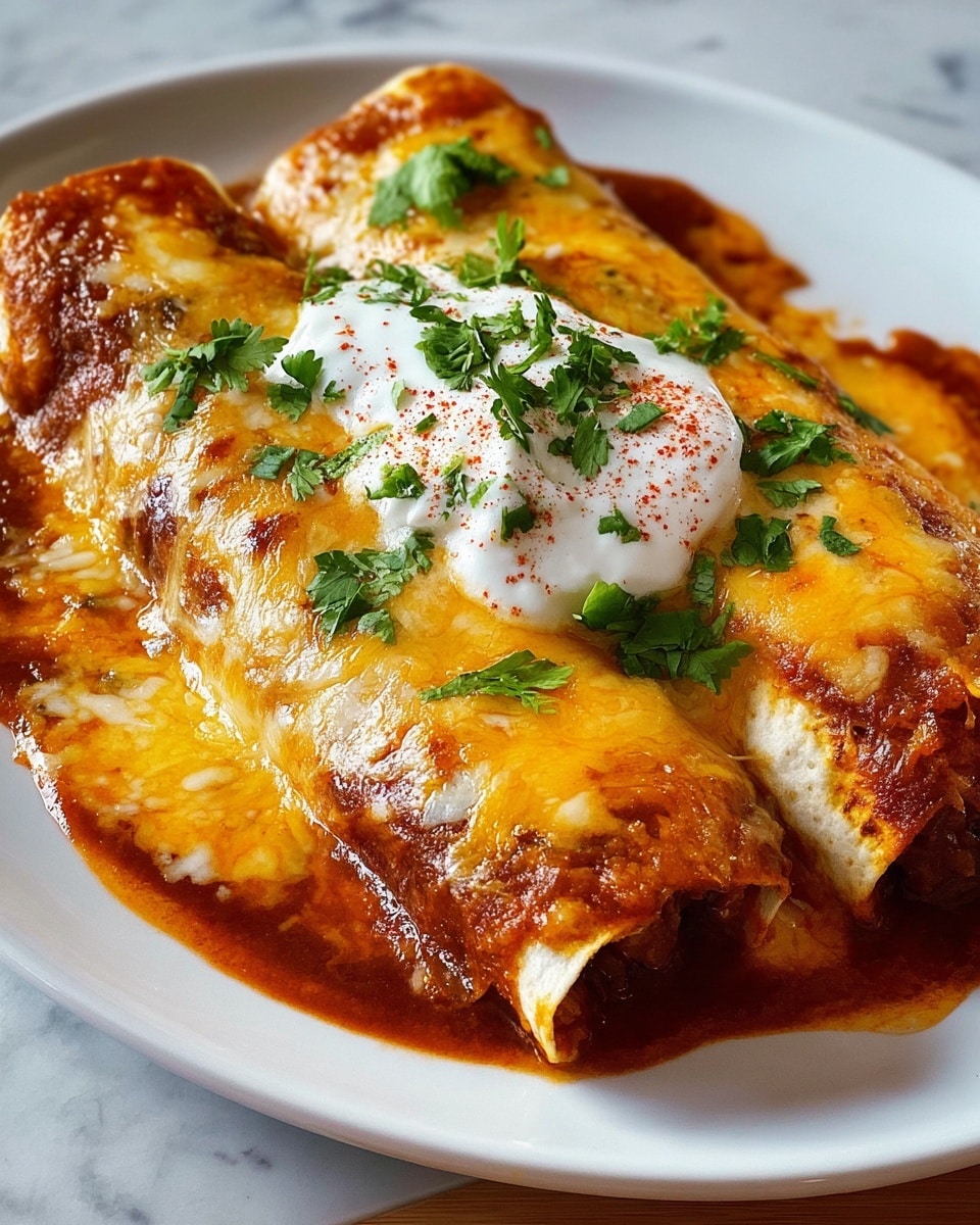 A white plate holds three rolled tortillas covered in rich orange-red sauce. The tortillas have a soft, slightly crisp look and are arranged side by side. Over the rolled tortillas, thick white cream sauce is drizzled in stripes. On top, there is a pile of shredded orange cheese, sprinkled with chopped green herbs scattered all over. A larger dollop of white sour cream sits centered on the top with extra herbs around it. The background shows a blurred white marbled texture surface. photo taken with an iphone --ar 4:5 --v 7