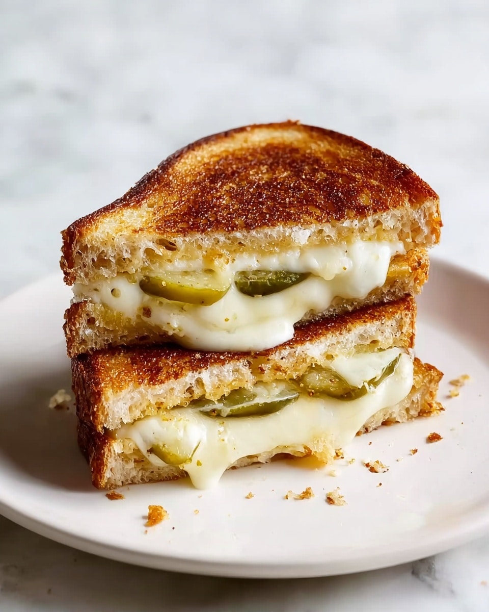 A stacked grilled sandwich on a white plate, showing two triangular halves. The top layer is golden brown toasted bread with a slightly rough texture. The middle layer has melted white cheese that is smooth and creamy, oozing a bit along the edges, with slices of green pickles visible inside. The bottom layer is another slice of toasted bread matching the top in color and texture. The plate sits on a white marbled surface with some crumbs around it. Photo taken with an iphone --ar 4:5 --v 7