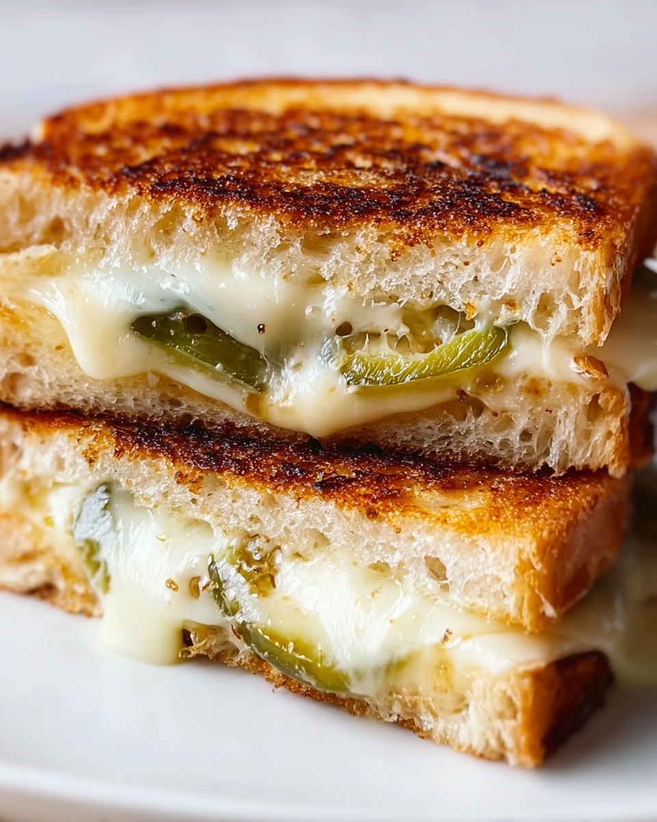 A close-up view of a grilled sandwich cut in half, stacked on a white plate with a white marbled texture background. The sandwich has two layers of lightly toasted bread with a golden-brown, crispy surface and soft, airy inside. Between the slices, there is a thick layer of melted white cheese, stretching slightly and oozing out, with visible slices of green pickles embedded within the cheese layer, adding a fresh contrast. The top slice shows an even, crunchy texture, and the melted cheese looks creamy and smooth, dripping a bit at the edges. photo taken with an iphone --ar 4:5 --v 7