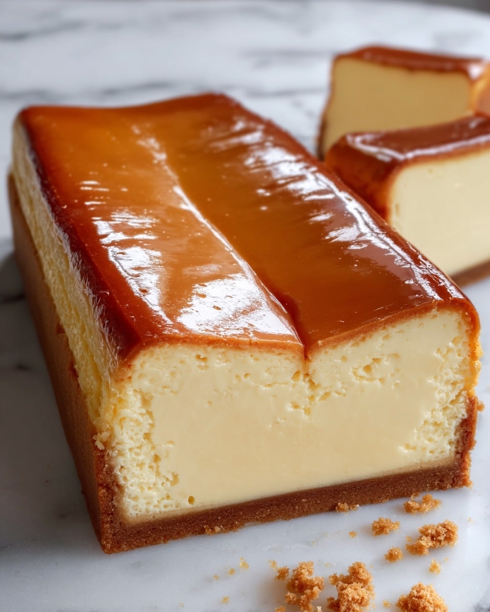 This image shows a rectangular cheesecake with a shiny, smooth golden brown top layer that has a slight crack in the middle. The cheesecake has two main layers: the top is a glossy caramel-like brown layer, while the large bottom layer is creamy, light beige with a smooth and dense texture. The crust is thin and darker brown, wrapping around the base and sides. The cheesecake sits on a white marbled texture surface, with two small, square slices blurred in the background. There are a few small crumb pieces scattered near the base of the cheesecake. Photo taken with an iphone --ar 4:5 --v 7