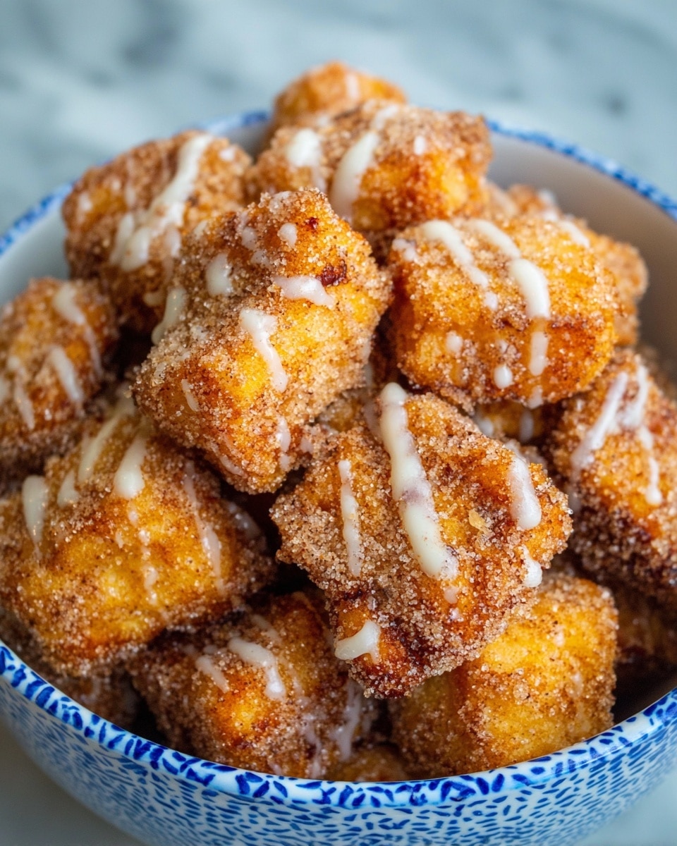 A close-up view of crispy, golden-brown pieces coated in a mix of cinnamon and sugar, piled in a white bowl with blue patterns. Each piece has a rough, crumbly texture with a light drizzle of white icing running across them unevenly, adding a creamy contrast. The shapes are irregular, some square and some more rounded, with a crunchy exterior that looks slightly uneven due to the sugar coating. The whole scene is set against a white marbled texture background. photo taken with an iphone --ar 4:5 --v 7