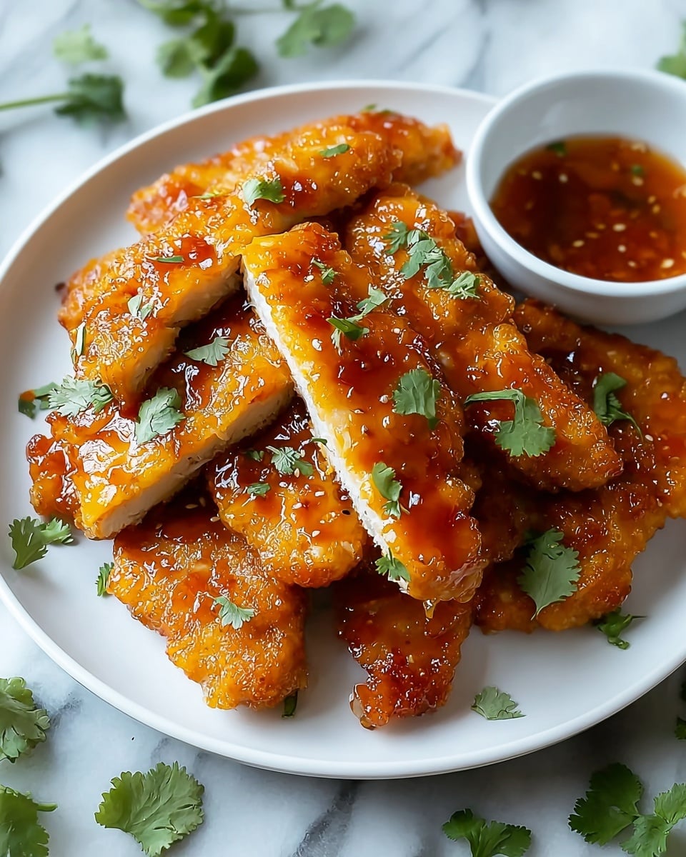The image shows a white plate filled with crispy, golden-brown chicken pieces covered in a shiny, sticky orange glaze. The chicken is cut into thick strips, revealing white tender meat inside. Small green cilantro leaves are sprinkled on top, adding a fresh contrast. There is a small white bowl with a reddish-brown dipping sauce on the side of the plate. The plate rests on a white marbled surface with scattered cilantro leaves nearby. Photo taken with an iphone --ar 4:5 --v 7