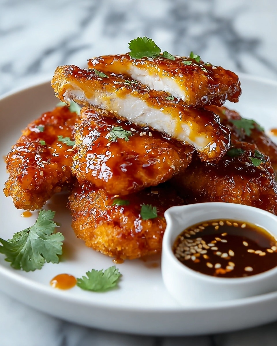 The dish shows several pieces of golden-brown fried chicken tenders stacked on a white plate, each coated with a shiny, sticky amber sauce that glistens under the light. The chicken's texture appears crispy with a slight crunch, and one piece is cut open to reveal the juicy, tender white meat inside. Small green cilantro leaves are sprinkled on top and around the chicken, adding a fresh pop of color. On the side of the plate, there is a small white bowl filled with a matching amber dipping sauce that has sesame seeds floating in it. The plate is placed on a white marbled surface, highlighting the vibrant colors and textures of the dish. photo taken with an iphone --ar 4:5 --v 7