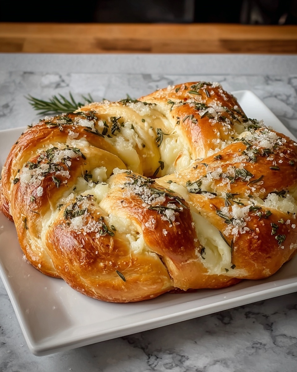 A golden brown bread shaped in a thick wreath with large twists and folds showing creamy melted cheese oozing through the gaps, topped with coarse salt crystals and fresh green rosemary leaves scattered evenly across the top. The shiny crust contrasts with the soft, creamy white cheese, while the herb specks add a touch of vibrant green, all placed on a white square plate on a white marbled texture. photo taken with an iphone --ar 4:5 --v 7
