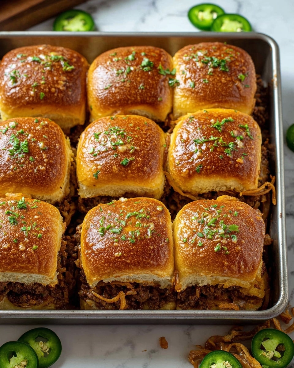 A small sandwich sits on a white tray lined with brown paper, showing three clear layers: the top layer is a shiny, golden-brown bun sprinkled with tiny herbs and seasoning, the middle layer consists of sliced green jalapeños adding a fresh, smooth texture, and the bottom layer is a mix of cooked ground beef and small bits of cooked onions with a slightly oily look, all held together by a soft, golden-brown bun at the base. Photo taken with an iphone --ar 4:5 --v 7