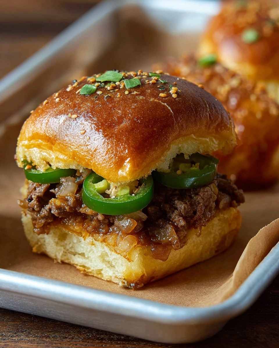 Nine browned slider buns with a glossy top layer sprinkled with green herbs and small bits of garlic are neatly arranged in a silver baking tray. Underneath each bun, there is a layer of cooked ground beef mixed with bits of green jalapeno peppers and crispy fried onions which peek out from the sides. Around the tray on a white marbled surface, scattered slices of fresh green jalapenos and crispy fried onions add texture. The buns have a soft, shiny golden-brown crust with slight grill marks and a glaze that makes them look juicy. Photo taken with an iphone --ar 4:5 --v 7