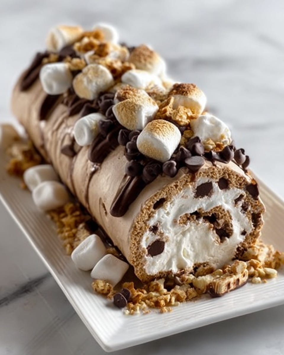 A white rectangular plate holds a rolled ice cream dessert with about five visible layers: the outer layer is light brown with smooth texture, followed by a thick chocolate layer with dark chips, then a creamier white layer with mini marshmallows, a middle light brown ice cream layer mixed with chocolate chips and small crunchy pieces, and the innermost layer has dense chocolate sauce. The roll is topped with more mini marshmallows, crumbled crunchy pieces, and chopped nuts that add texture and color contrast. The background is a white marbled surface. Photo taken with an iphone --ar 4:5 --v 7
