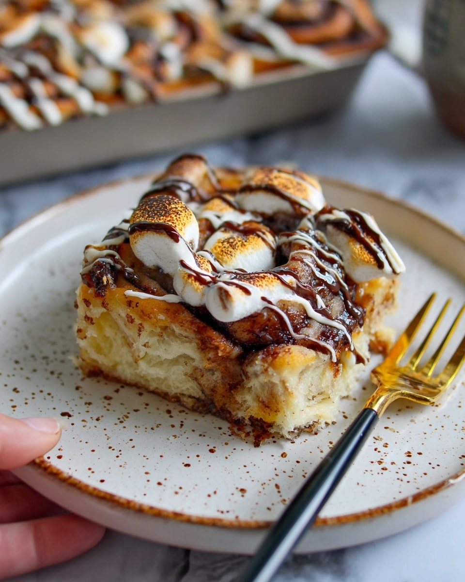 A thick, soft cinnamon roll with three visible layers sits on a white plate with small brown speckles; the bottom layer is light golden dough, the middle layer is a cinnamon swirl, and the top layer is toasted marshmallows that are slightly charred, with white and dark chocolate drizzles creating a thin, zigzag pattern over them. The plate rests on a white marbled surface, and a gold and black fork lies to the right side of the cinnamon roll. A woman's hand holds the edge of the plate gently near the bottom left corner. In the background, a blurred pan filled with more cinnamon rolls can be seen. Photo taken with an iphone --ar 4:5 --v 7