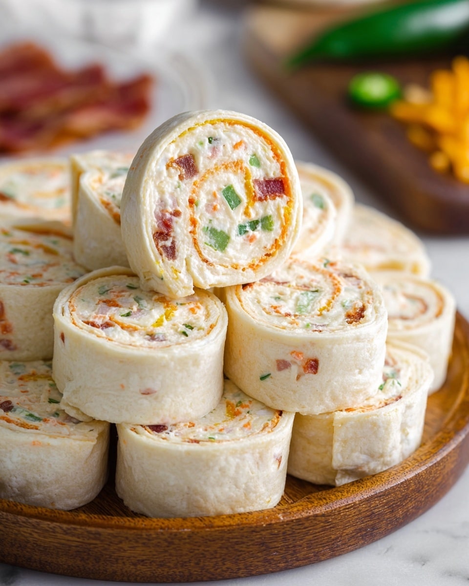 The image shows a stack of two-layer tortilla pinwheels arranged on a round wooden plate. Each pinwheel is made of a white tortilla wrap rolled with a creamy filling that contains small bits of green, orange, and red, creating a colorful swirl pattern. The outer layer of the tortilla is smooth and pale, while the inner filling looks creamy and textured with small pieces of vegetables or other ingredients. The pinwheels are closely packed, forming a small tower of bite-sized rounds. The background features a white marbled texture, with some blurred items like a green chili and bacon in the distance. Photo taken with an iphone --ar 4:5 --v 7