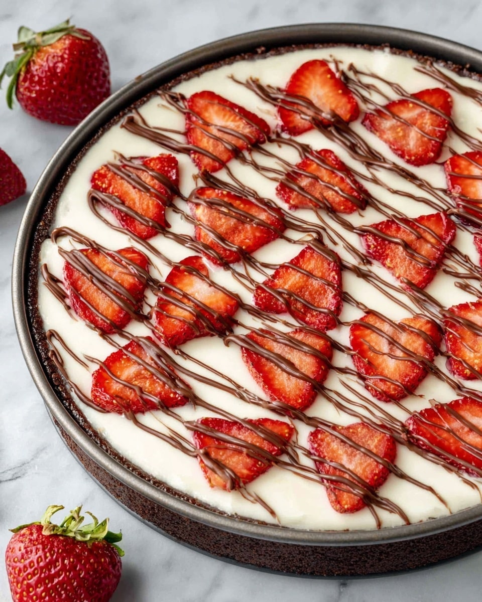 A round dessert with three visible layers: the bottom layer is thick and dark brown, looking like a chocolate crust; the middle layer is a smooth creamy white filling that covers the crust fully; the top layer consists of sliced strawberries spread evenly across the white filling, with thin, dark brown chocolate drizzles crisscrossing over the strawberries and the white layer. The dessert is in a dark metal pan and placed on a white marbled surface, with a few whole strawberries nearby. photo taken with an iphone --ar 4:5 --v 7