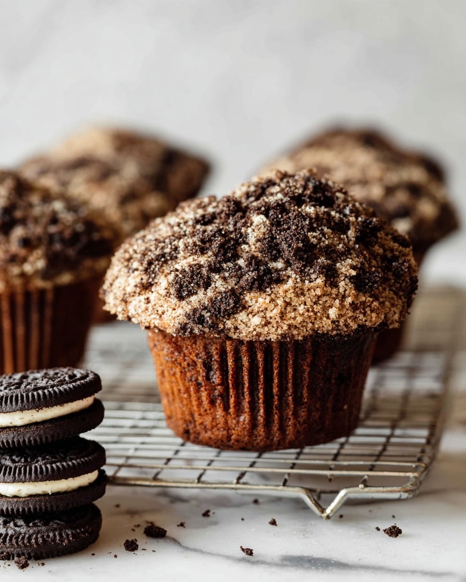 The image shows a close-up of a dark chocolate muffin with a crumbly, light brown and black crumb topping, sitting on a cooling rack. The muffin liner is dark and slightly peeled away, revealing the rich, moist texture of the muffin base. In the background, three more muffins are visible but out of focus. In the foreground on the white marbled surface, there are two stacked sandwich cookies with cream filling. The overall scene is bright and clean, highlighting the texture and colors of the muffin and crumbs. Photo taken with an iphone --ar 4:5 --v 7