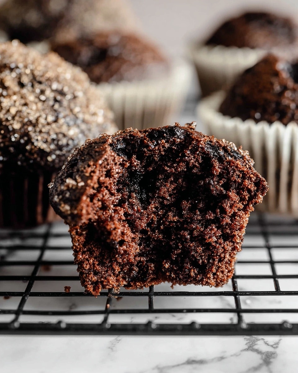 A close-up view of a chocolate muffin torn in half showing its soft, crumbly dark brown inside with a moist texture, topped with a layer of light brown sugar crystals that add a rough look on the surface; the muffin sits on a black cooling rack placed on a white marbled texture with more whole muffins blurred in the background, all in white paper liners. photo taken with an iphone --ar 4:5 --v 7