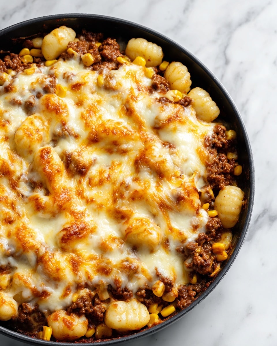The dish is shown in a black skillet filled with three layers. The bottom layer is gnocchi, light beige and round with soft texture, evenly spread across the skillet. On top of this, there is cooked ground beef, dark brown and crumbly, mixed with bright yellow corn kernels scattered throughout. The top layer is melted cheese, creamy white and light orange, gooey and melting over the other layers, covering the skillet surface unevenly. The skillet sits on a white marbled surface. photo taken with an iphone --ar 4:5 --v 7