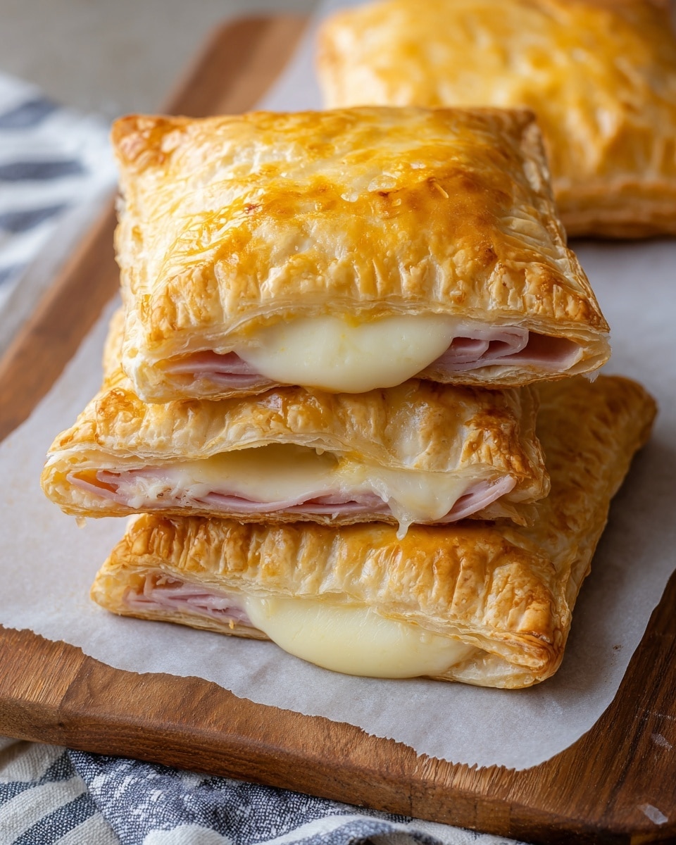 The image shows three golden, square-shaped puff pastries stacked on a white baking paper over a wooden board with a striped cloth on the side. The top pastry is partially cut, revealing a thick layer of melted cheese in white and yellow shades above a layer of folded ham in light pink color, all encased in a flaky, light brown puff pastry crust with a glossy surface. The pastries have a soft, puffy texture with slightly crispy edges. photo taken with an iphone --ar 4:5 --v 7