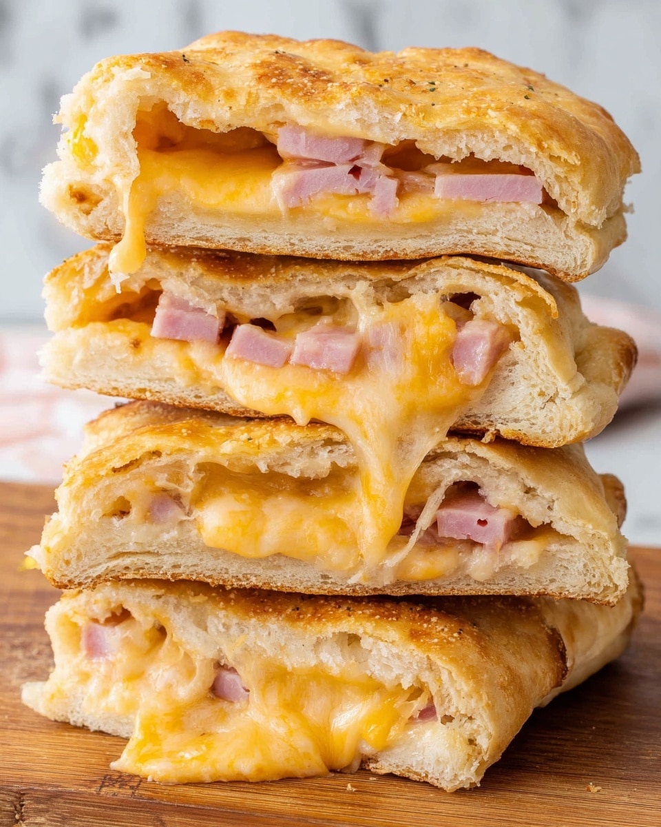 A stack of four thick, soft bread pockets cut in half, showing a gooey, melted orange cheese layer mixed with chunks of pink ham inside. Each bread pocket has a pale golden-brown crust with a soft, fluffy crumb inside, enclosing the warm cheesy filling with visible slices of ham evenly spread. The bread pieces are stacked on a wooden board, presenting the rich and creamy cheese oozing out slightly at the edges against the tender, airy bread layers. The background is a white marbled texture. photo taken with an iphone --ar 4:5 --v 7