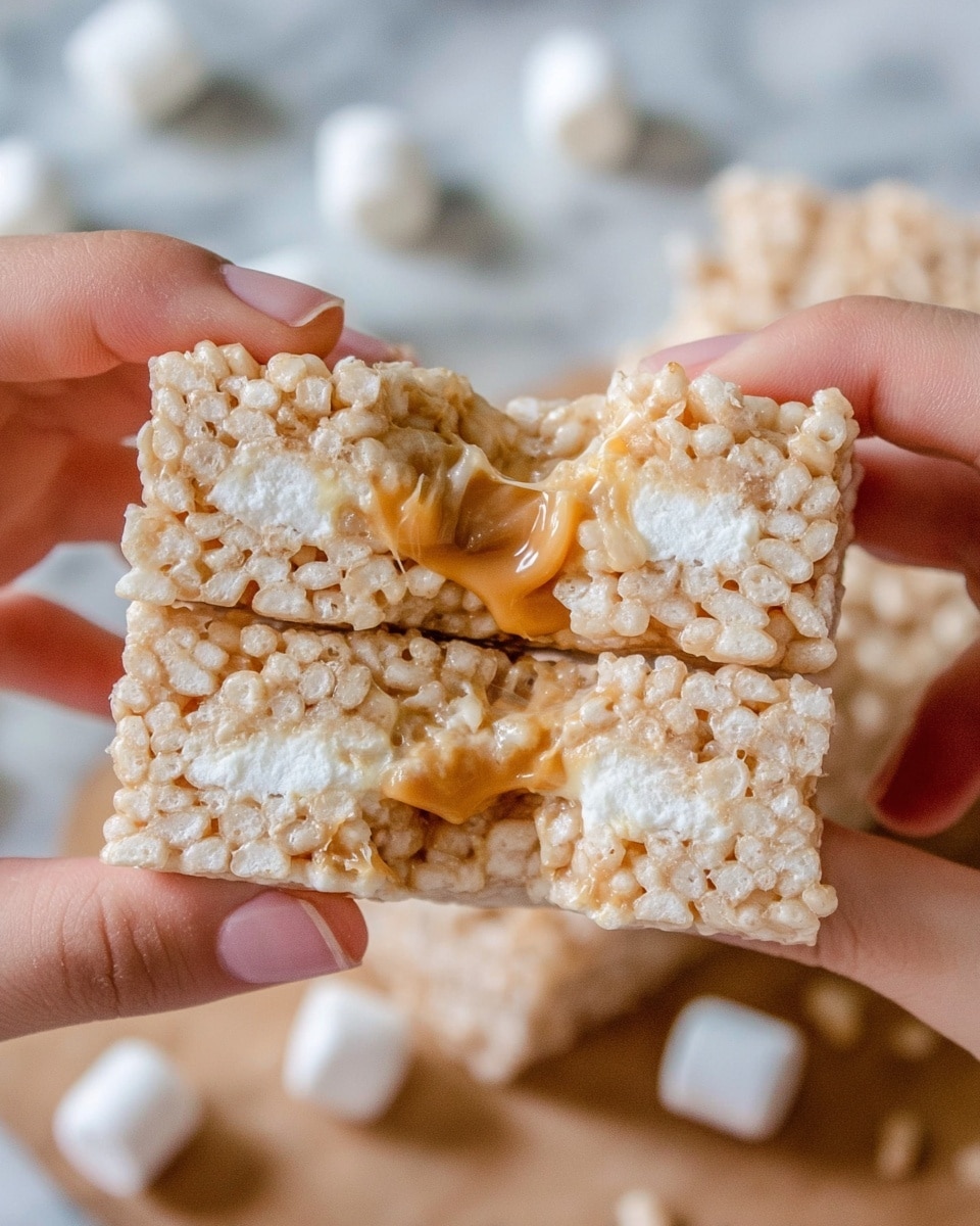 A close-up shot of two pieces of a rice crispy treat being pulled apart by a woman's hand on each side, showing three visible layers: the top and bottom are light beige crispy rice cereal bars, and the middle layer is gooey caramel with a melted white marshmallow core, all set against a white marbled background with a few scattered marshmallows in soft focus. Photo taken with an iphone --ar 4:5 --v 7