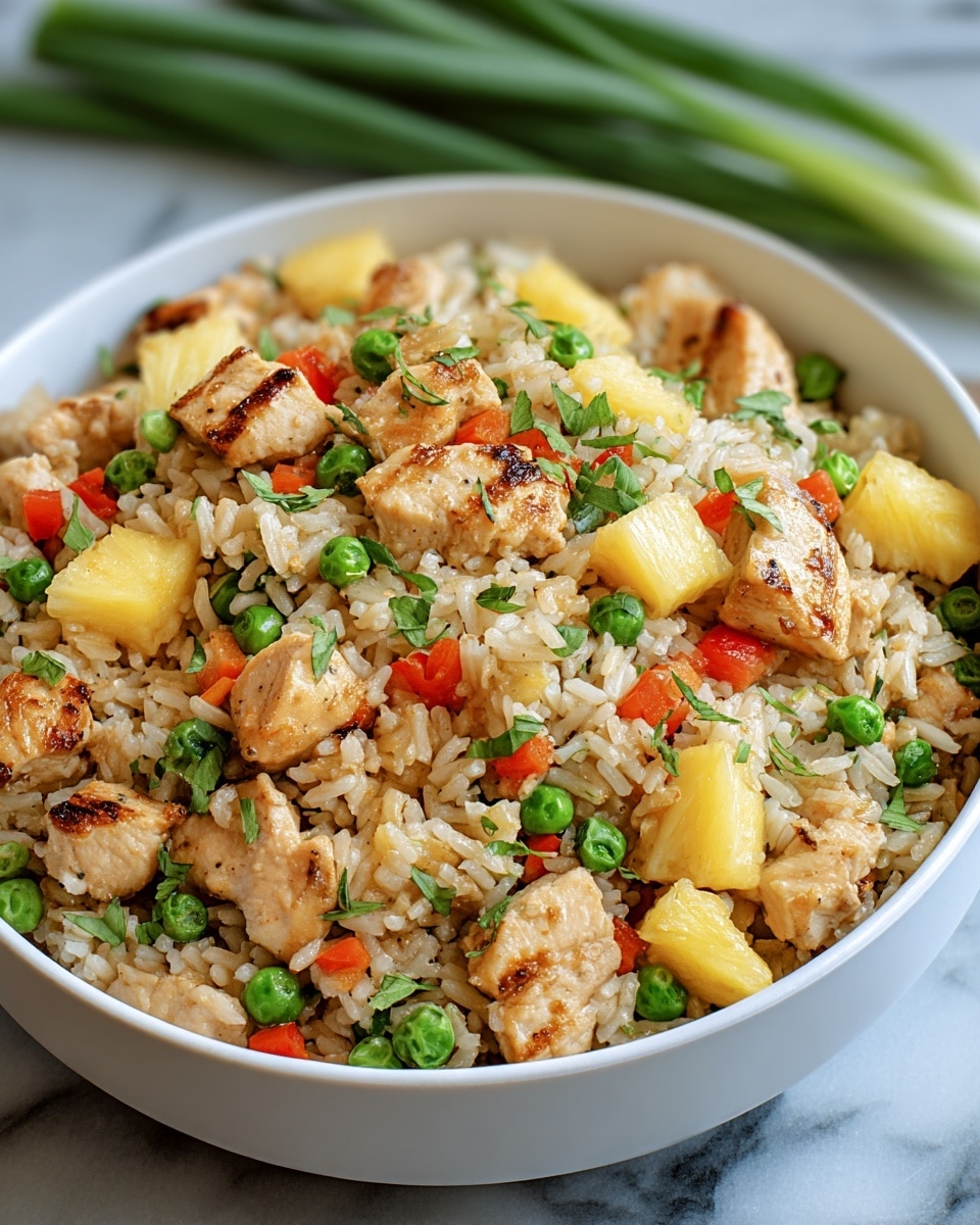 A white bowl filled with fried rice that has visible layers of white and slightly browned rice as the base, mixed with chunks of golden-brown grilled chicken pieces scattered evenly. Bright green peas and small diced red bell peppers are mixed throughout, adding pops of color. There are also chunks of yellow pineapple spread evenly, and small green herb leaves are sprinkled on top for freshness. The bowl is placed on a white marbled surface with green onion stalks blurred in the background. photo taken with an iphone --ar 4:5 --v 7