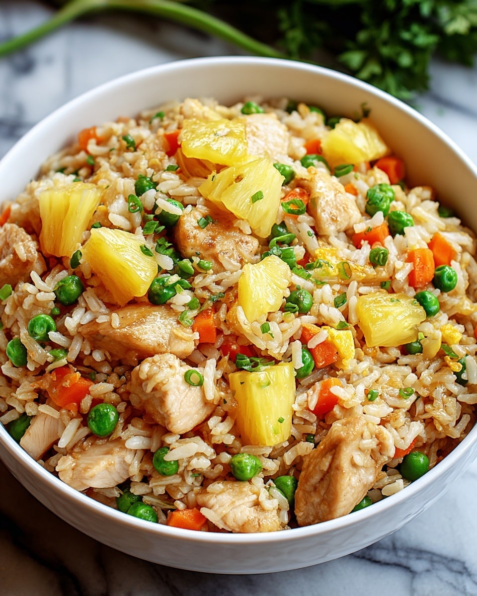 A white bowl filled with a colorful mix of fried rice showing about three layers: the bottom has light brown cooked rice grains, the middle layer contains small green peas, bright orange carrot cubes, and chunks of light tan cooked chicken, while the top layer is decorated with yellow pineapple pieces and sprinkled with small green chopped herbs. The bowl sits on a white marbled textured surface, with some green herbs slightly blurred in the background. photo taken with an iphone --ar 4:5 --v 7