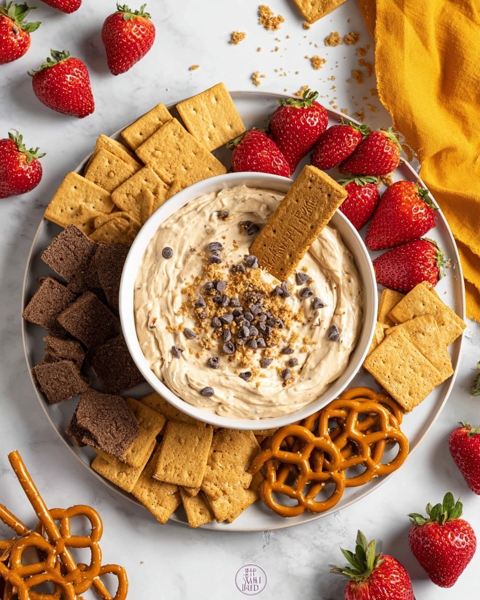 A round white plate holds a white bowl filled with creamy light brown dip speckled with small dark chocolate chips and topped with crumbled cookie pieces and a whole rectangular cookie placed slightly on top. Surrounding the bowl are four sections arranged clockwise: bright red strawberry halves with green stems removed placed neatly, a pile of rectangular brown cookies, a group of square beige graham crackers stacked and overlapping, and a ring of golden brown pretzels forming a flower-like pattern. The scene is set on a white marbled surface with scattered whole strawberries and a mustard yellow cloth in the top right corner. photo taken with an iphone --ar 4:5 --v 7