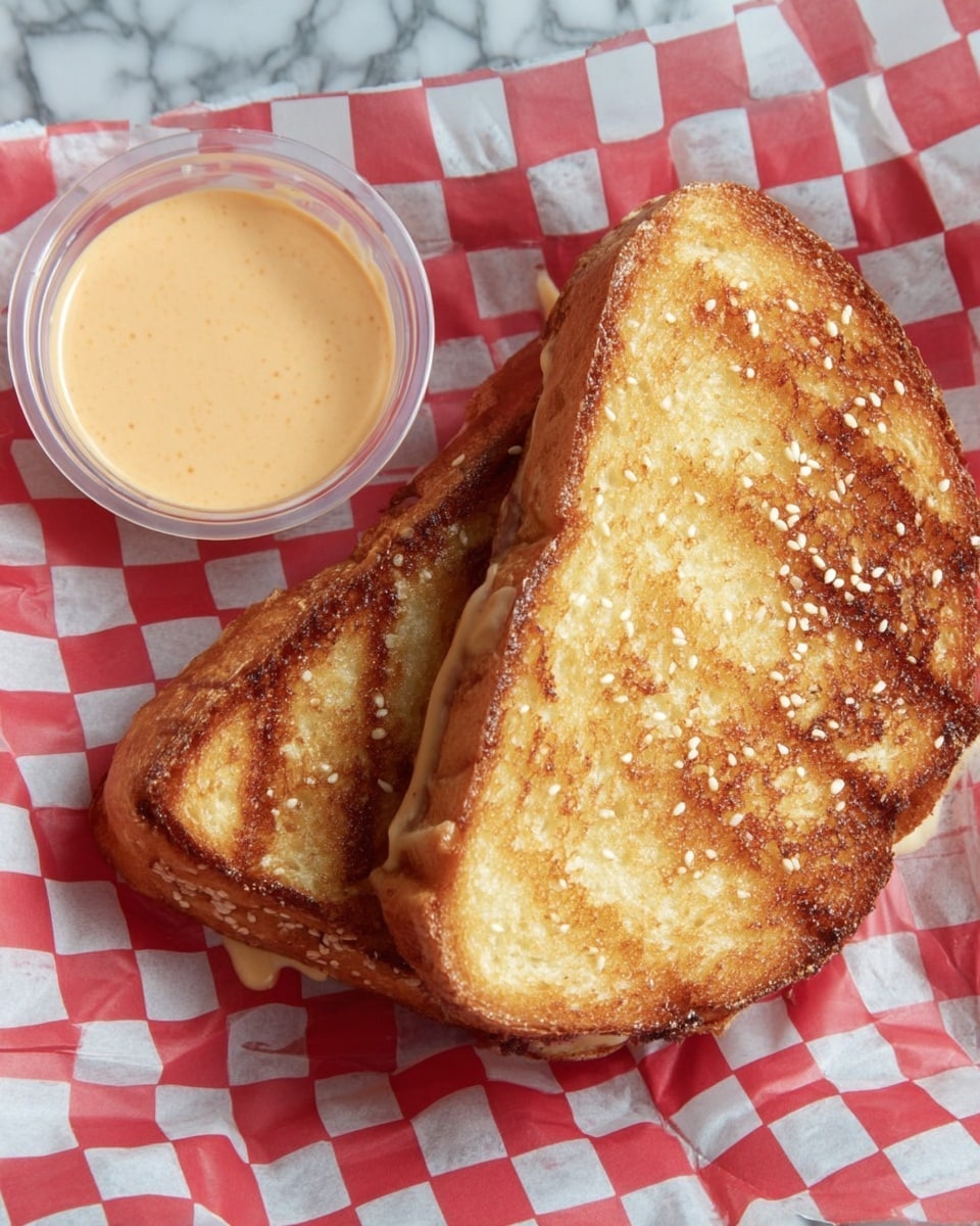 Two slices of toasted bread with a golden brown grilled texture, one slice placed slightly above the other on red and white checkered paper. The top edges of the bread have sesame seeds on them. On the left side, there is a small clear plastic cup filled with a creamy light orange sauce. The background is a white marbled texture. photo taken with an iphone --ar 4:5 --v 7
