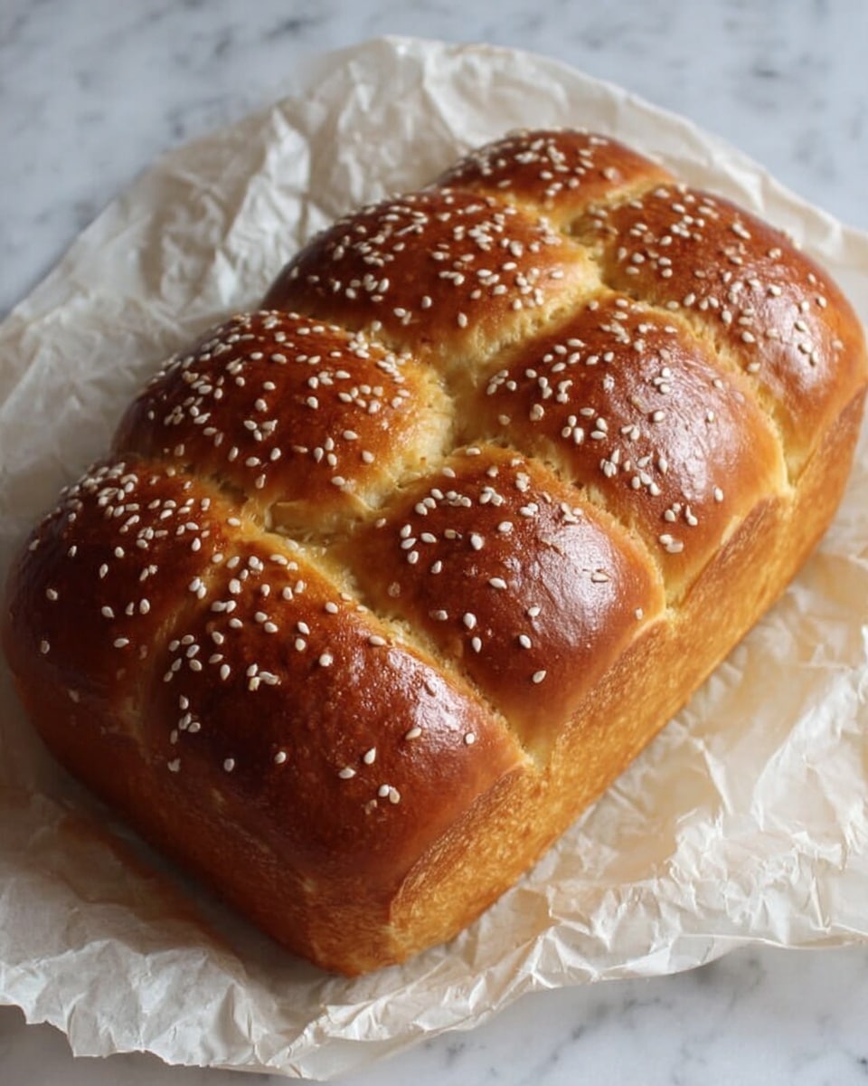 A freshly baked loaf of bread with a shiny golden-brown top covered in small white sesame seeds. The bread is segmented into eight soft, puffy sections with an evenly browned crust on the sides. It rests on crumpled white parchment paper placed over a white marbled surface, adding a clean and simple background to the image. photo taken with an iphone --ar 4:5 --v 7