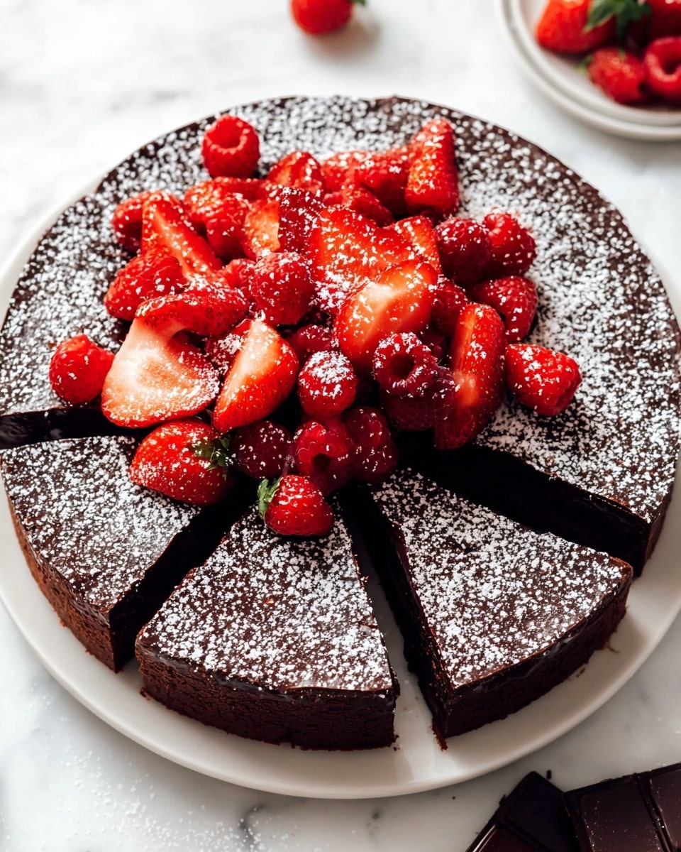 A round chocolate cake with one visible thin dark brown layer topped with a thick layer of glossy, dark chocolate ganache, dusted lightly with powdered sugar evenly over the entire top. On top, there is a pile of fresh strawberries and raspberries, halved and whole, their red color bright and shiny with a light dusting of powdered sugar. The cake is sliced into eight pieces, with one slice slightly separated from the rest. It sits on a white plate against a white marbled textured surface, with pieces of dark chocolate placed nearby. photo taken with an iphone --ar 4:5 --v 7