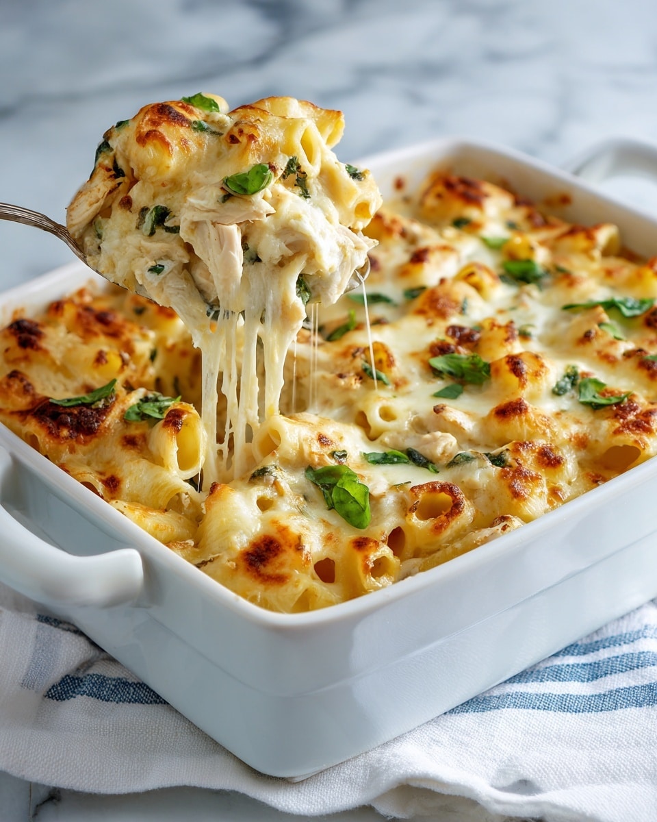 A white baking dish filled with a layered pasta bake featuring short pasta tube shapes covered by melted, lightly browned cheese on top. The top layer is creamy white with golden brown spots, dotted with fresh green basil leaves scattered across. Beneath this top cheesy layer are visible chunks of shredded white chicken mixed among the pasta. A silver spoon is lifting a portion of the dish, showing gooey strings of melted cheese stretching from the dish. The dish sits on a white marbled surface with a white and blue striped cloth underneath. Photo taken with an iphone --ar 4:5 --v 7