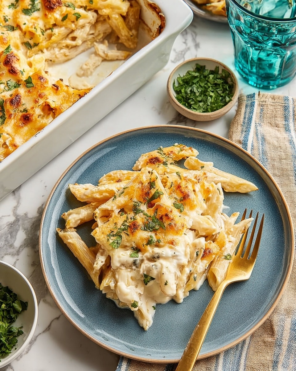 A blue plate holds a serving of baked penne pasta in three visible layers: the bottom layer is creamy white sauce coating the penne, the middle layer shows slightly browned baked pasta, and the top layer is melted golden cheese with light brown spots, sprinkled with finely chopped green herbs. A gold fork rests on the left side of the plate. Around the plate, there is a small white bowl filled with chopped green herbs, a white baking dish with more cheesy pasta topped with herbs on the left, and a clear teal glass on the right, all set on a white marbled textured surface with a beige and blue striped cloth nearby. photo taken with an iphone --ar 4:5 --v 7