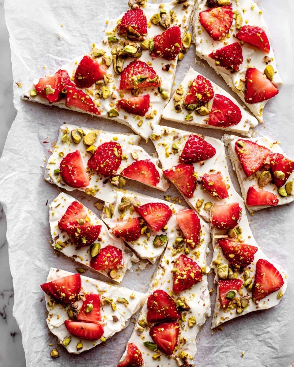 The image shows a broken white frozen yogurt bark laid out on white parchment paper on a white marbled textured surface. The bark has one thick layer of white frozen yogurt as the base, topped with bright red, sliced strawberries scattered unevenly across its surface. Crushed green pistachio nuts are sprinkled generously on top, adding a crunchy texture and specks of yellow and brown. The broken pieces are irregular in shape, some with jagged edges, creating a rustic and inviting look. Photo taken with an iphone --ar 4:5 --v 7